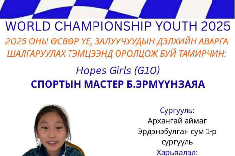 Өсвөрийн даамчин Э.Арвин-Эрдэнэ, Б.Эрмүүнзаяа нар Дэлхийн аварга боллоо Өсвөрийн даамчин Э.Арвин-Эрдэнэ, Б.Эрмүүнзаяа нар Дэлхийн аварга боллоо