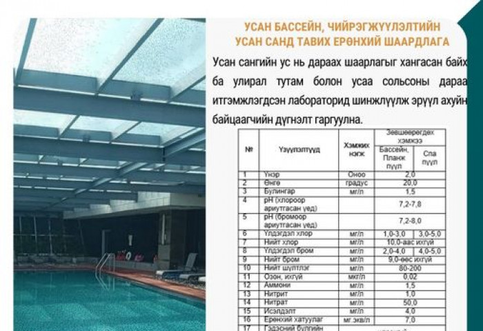 Усан сангийн усыг улирал тутам болон усаа сольсоны дараа итгэмжлэгдсэн лабораторид шинжлүүлж эрүүл ахуйн байцаагчийн дүгнэлт гаргуулж хэрэглэнэ