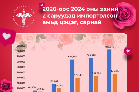 Манай улс оны эхний 2 сарын байдлаар 468.2 мян.ам.долларын 829,949 ширхэг амьд цэцэг импортолжээ