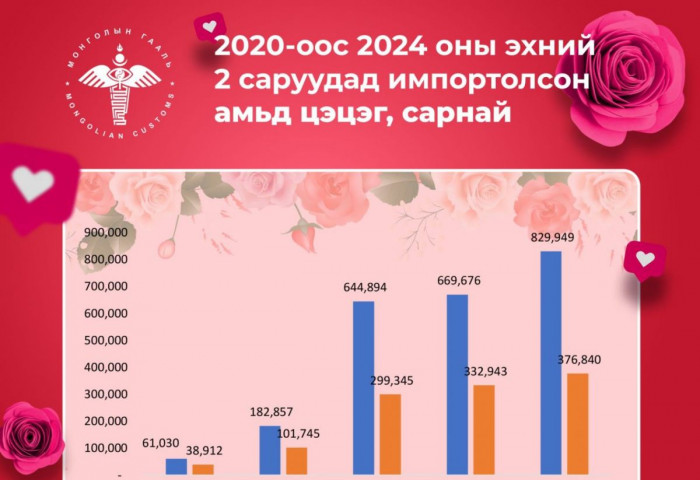 Манай улс оны эхний 2 сарын байдлаар 468.2 мян.ам.долларын 829,949 ширхэг амьд цэцэг импортолжээ